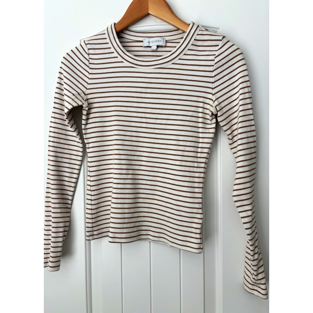 Witchery Women's White Brown Striped Rib Knit small cottagecore earthy romantic